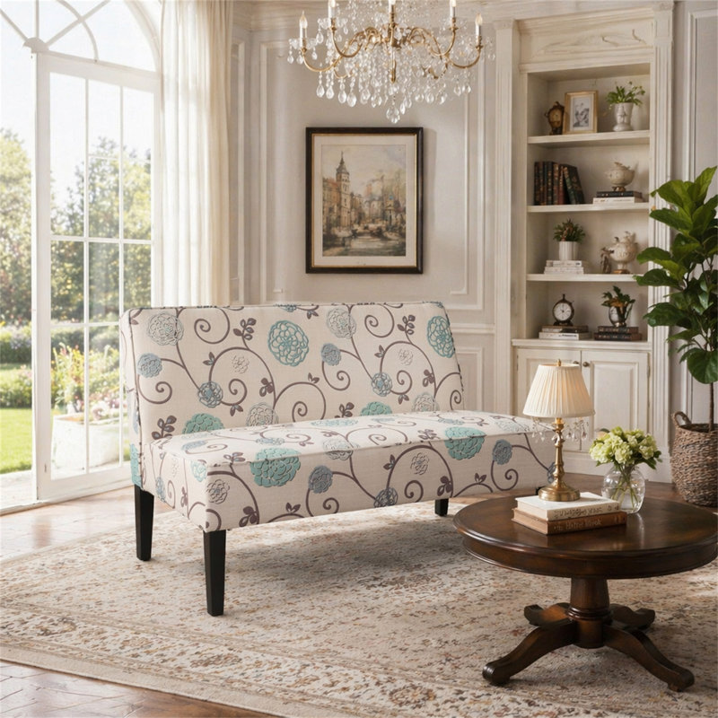Causeuse rembourrée 50 po, Motif floral bleu/blanc