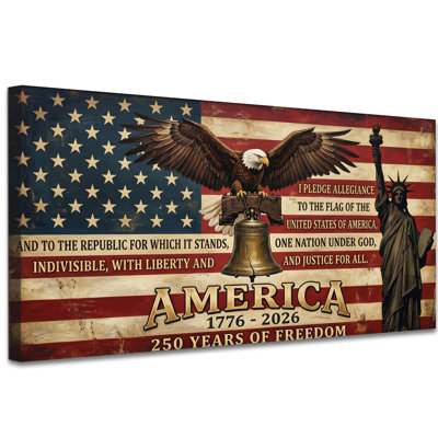 America 250 Years Canvas Wall Art Prints, Patriotic American Flag, Eagle & Liberty Bell Pictures, Large Vintage Painting for Living Room Office Home Decor 20×40 Inch