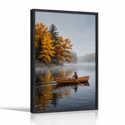 Man Rowing Wooden Canoe on Misty Lake with Golden Autumn Canvas Wall Art
