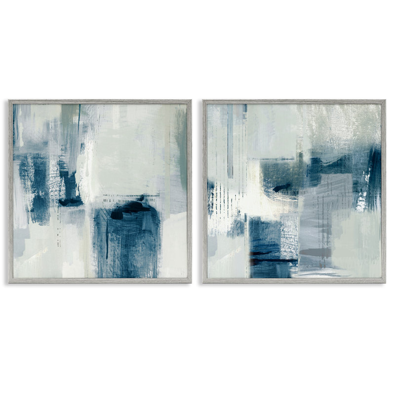 «Blue Tone Brush Strokes», ensemble de 2 impressions encadrées, par Susan Jill, H 24 po x l 48 po