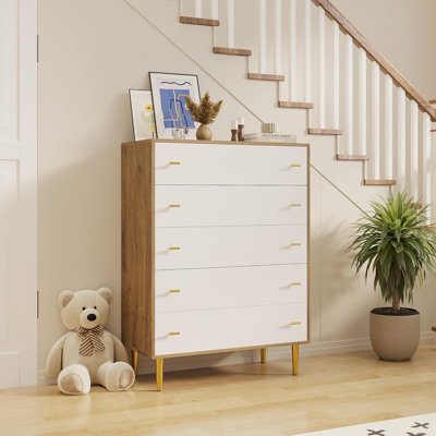 Commode 5 tiroirs, commode en bois avec poignées de bar, rangement pour commodes de chambre à coucher