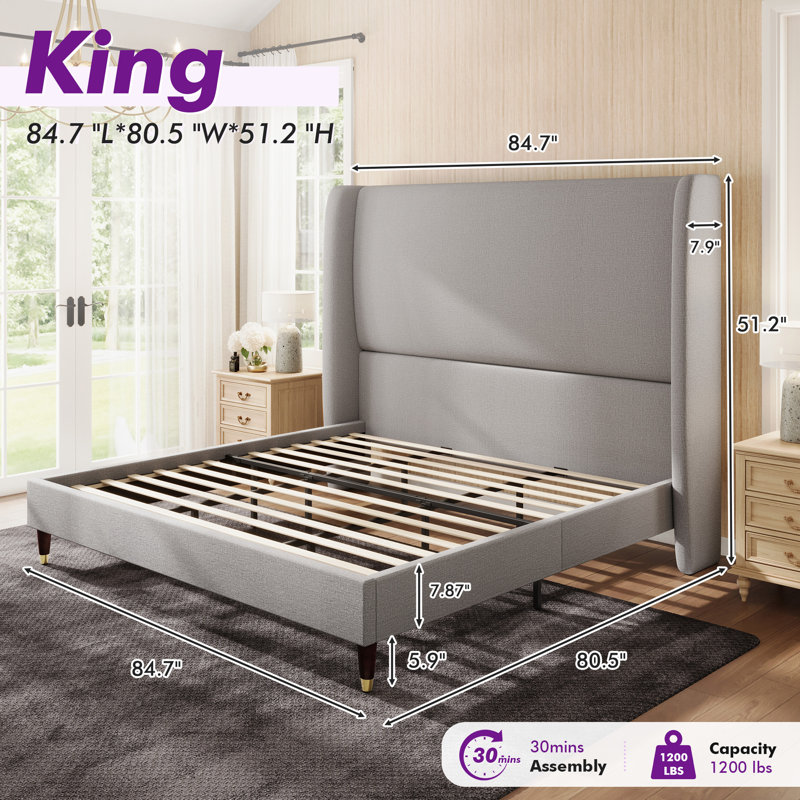 Belo King Light Gray Upholstered Wingback Platform Bed, King, Light Gray