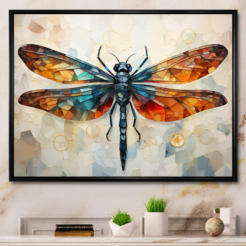 Libellule orange, insectes, vol géométrique I - Libellule, art mural, Cadre flottant noir, H 30 po x l 40 po x P 1,5 po