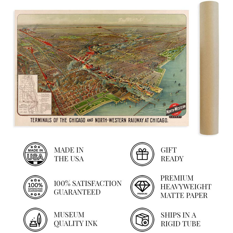 «1902 Chicago Map Wall Art», impression sur papier non encadrée, H 24 po x l 36 po x P 0,1 po