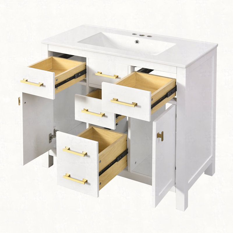 Ensemble de meuble-lavabo 36 po avec lavabo en céramique 36 po, armoire de salle de bain simple autoportante moderne avec 4 tiroirs et 2 armoires, meuble de rangement pour salle de bain, ensemble de meuble-lavabo à cadre en bois massif, 