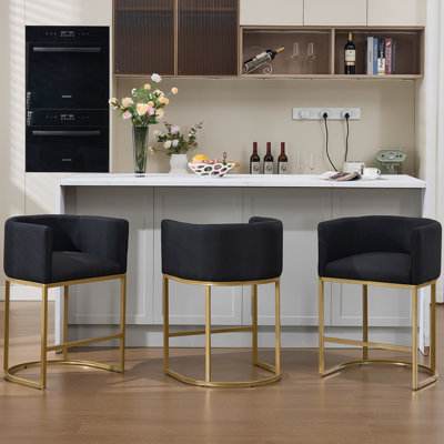 Gold Bar Stools Set Of 3, 25" H Modern Counter Height Bar Stools With Backrest, Linen Fabric Upholstered Bar Stool For Kitchen Island, Cafe