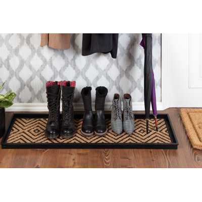 Eco-Friendly 14" x 46" Tan and Black Diamond Heavy-Duty Rubber Boot Tray with Raised Edge for Muddy Shoes, Garden Tools & Pet Supplies — Indoor/Outdoor