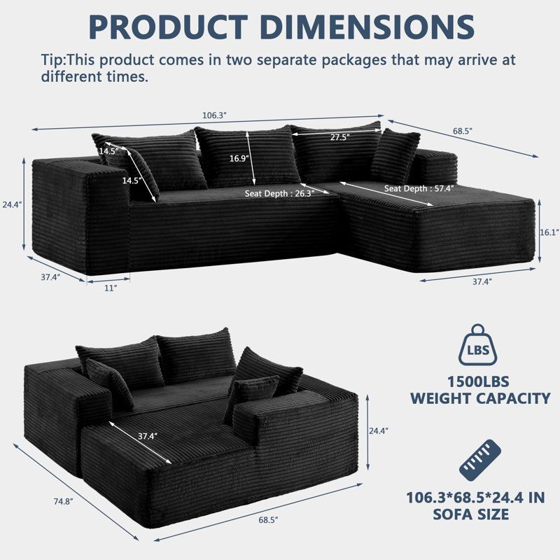 107" Modular Sectional Couch With L-Shape Chaise,Boneless Sofa For Living Room,Modern Cloud Couch With Deep Seat,No Assembly Required,Loveset,Black(Right Facing Chaise)