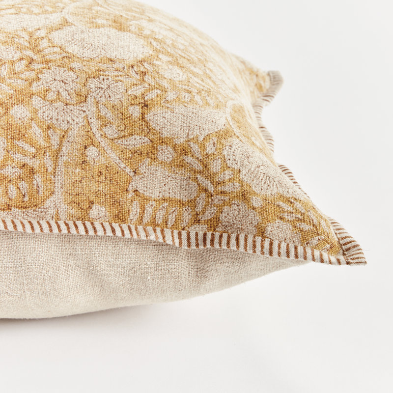 Jules European Flax Fiber Pillow Cover & Insert, Rectangle 14" H x 20" W, Piped Edge, Yellow/Floral
