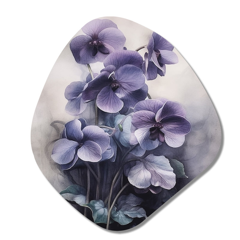 Mauve gris, violettes, rêve II - art mural asymétrique en forme de nébuleuse florale, H 35 po x l 31 po x P 1 po