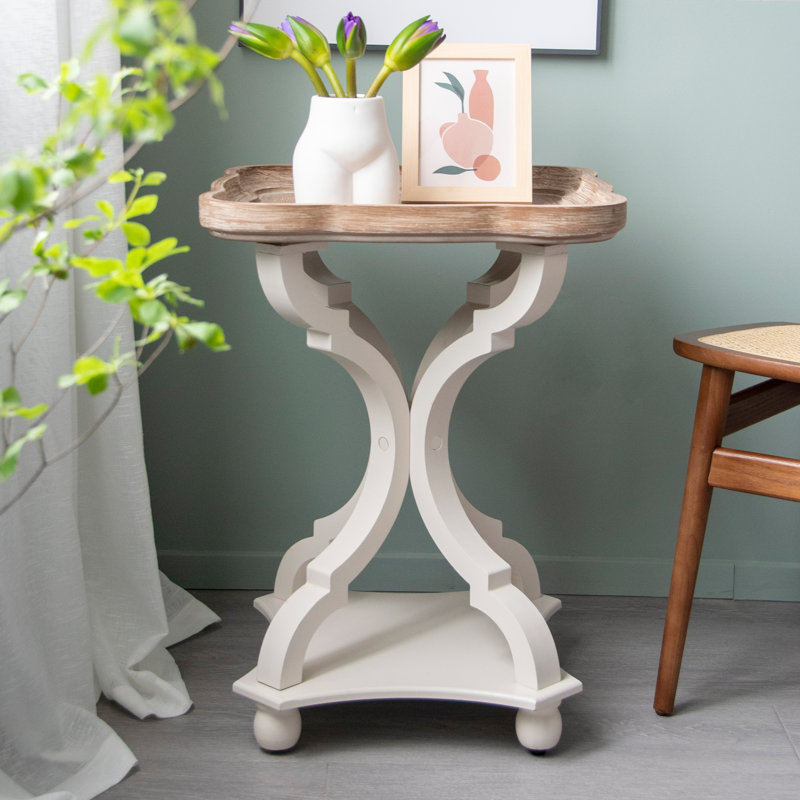 Set of 2 White and Natural Wood Tray Top End Tables