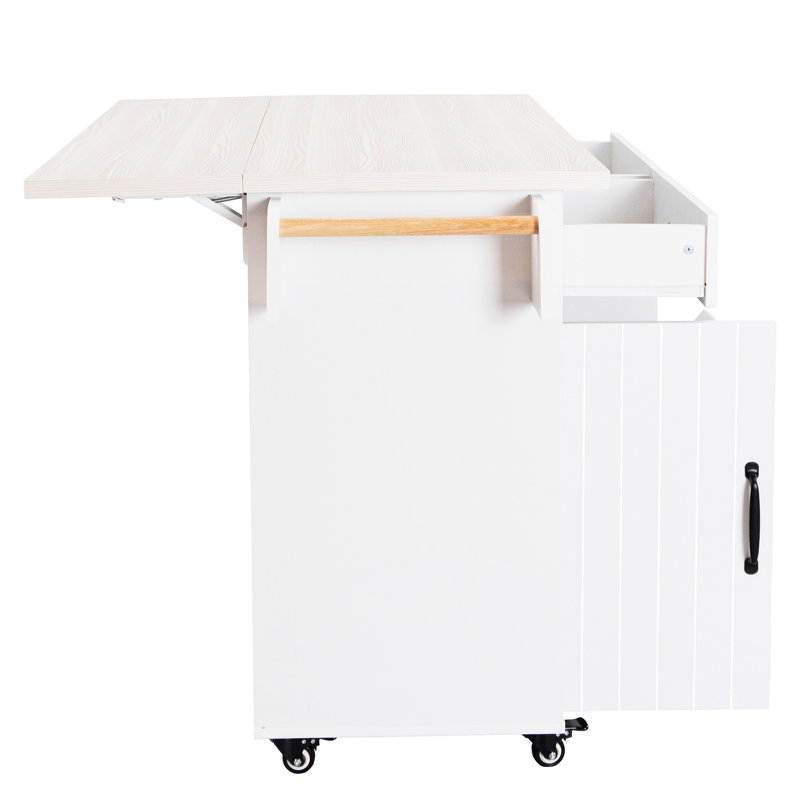 Îlot de cuisine avec compartiment poubelle, comptoir rabattable, étagère à épices, porte-serviettes, poubelle multifonctions fixe, comptoir, étagère, blanc