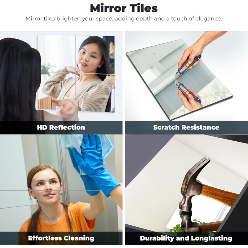 Carreaux de miroir pour mur - 12 po x 12 po - paquet de 12 - Miroir mural pleine longueur sans cadre, miroir de gymnastique à corps plein pour la maison, carreaux de miroir auto-adhésif