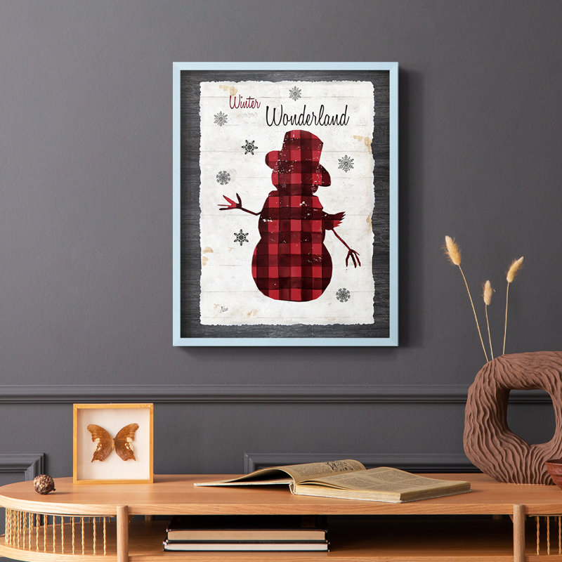 «Chequered Snowman II», reproduction encadrée - bois massif, Bleu, H 10 po x l 8 po