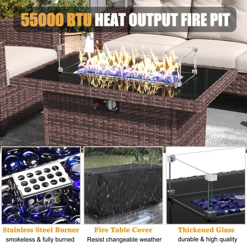 Lark Manor™ 10 Pieces Patio Furniture Set with Swivel Chairs, Rattan Wicker Rocking Glide Chairs with 44" Propane Gas Fire Pit Table Conversation Set
