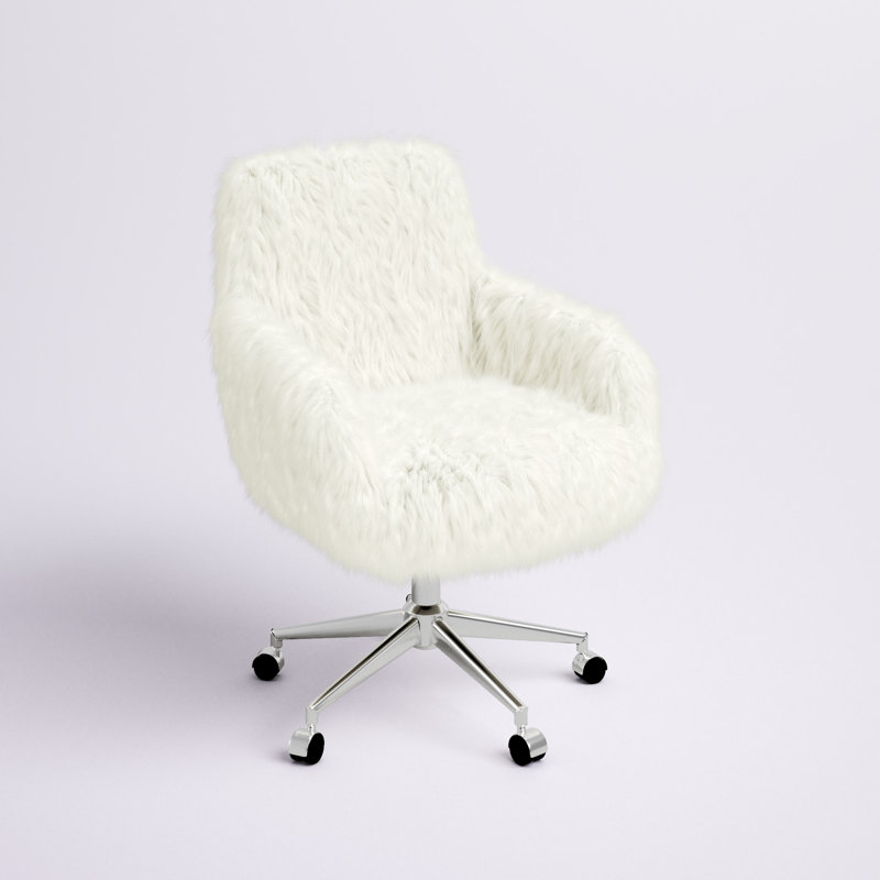 Chaise de travail en similifourrure de style contemporain avec base chromée et roulettes Liyan, Blanc cassé