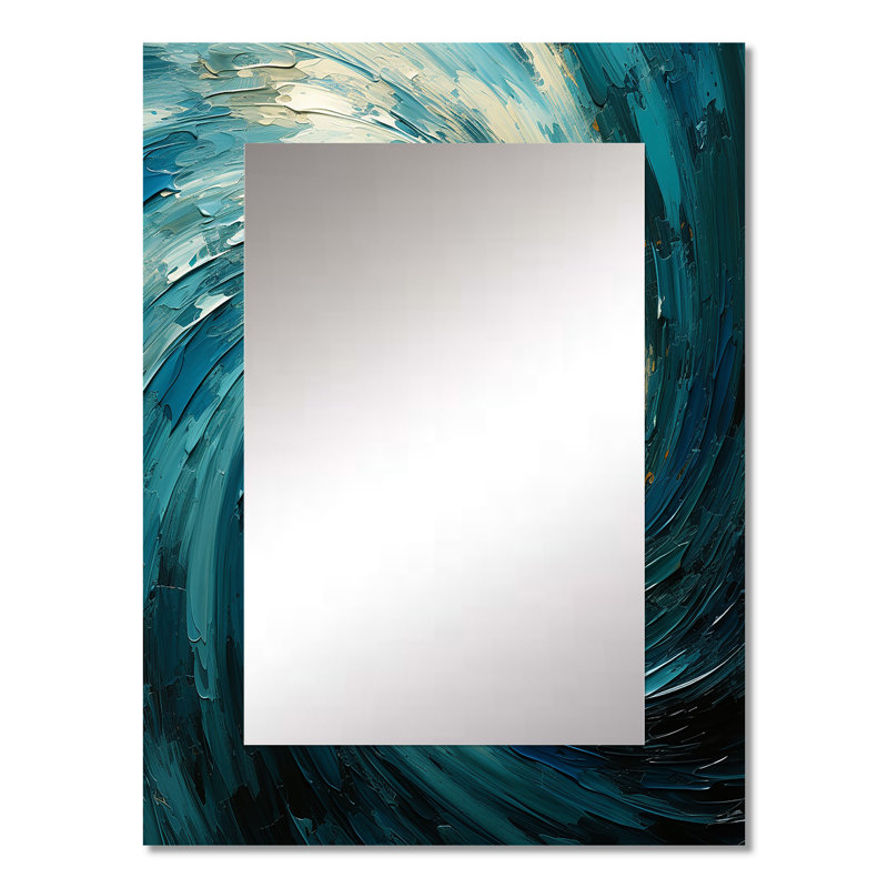 Teal Majestic Motion IV - miroir décoratif spirales abstraites, miroir mural bleu, impression d'art en métal, 32 po x 24 po