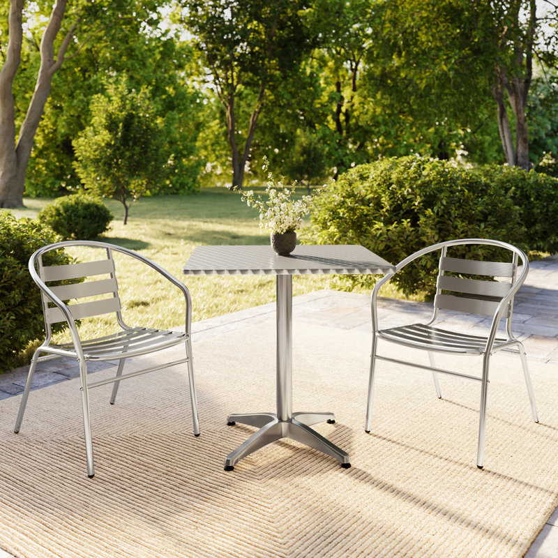 Gearard Square Aluminum Indoor-Outdoor Table Set with 2 Slat Back Chairs, 27.25" H x 27.5" W x 27.5" D, Silver