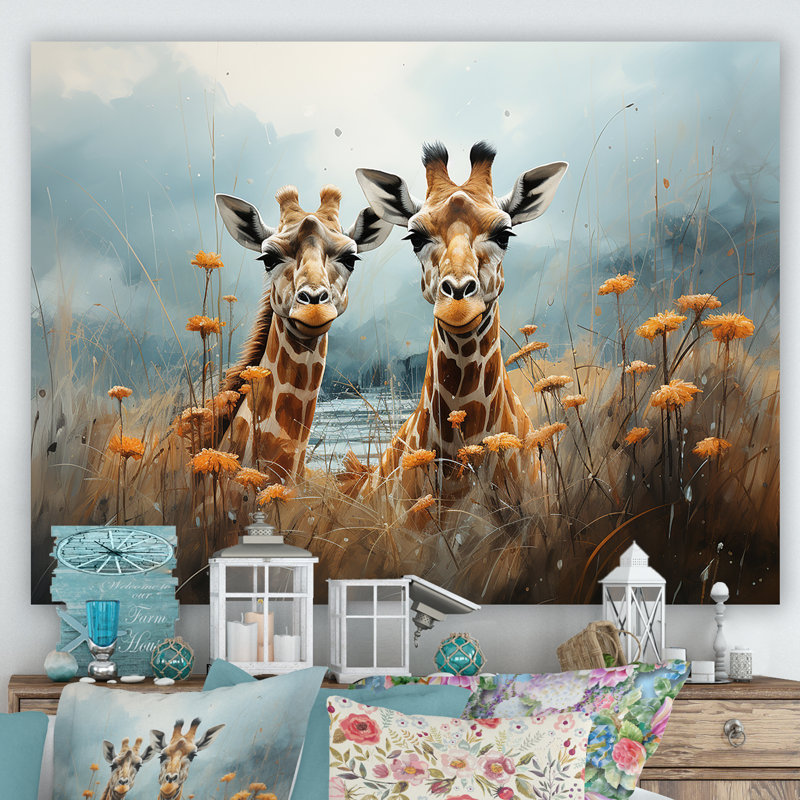 Mignonne girafe dans un champ de fleurs I, Toile tendue, H 34 po x l 44 po x P 1,5 po
