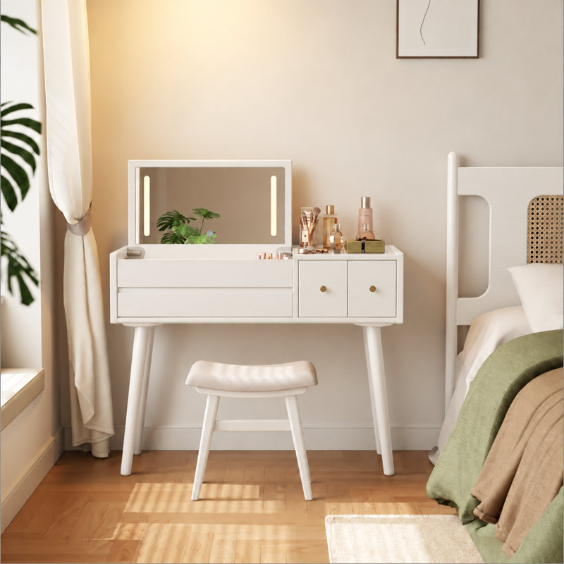Coiffeuse Anita en bois massif avec miroir rabattable et modes d'éclairage, L 39,4 po, Blanc