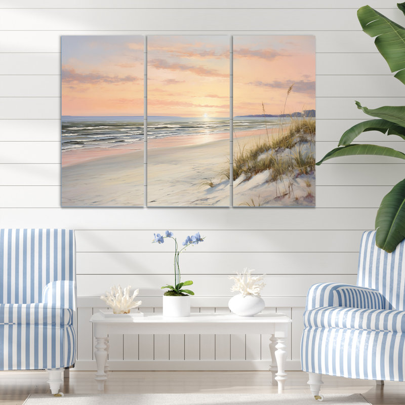 «Beach Serenity Gentle Pink Pastel Sunrise II», reproduction sur toile 3 pièces, H 40 po x l 60 po x P 1 po