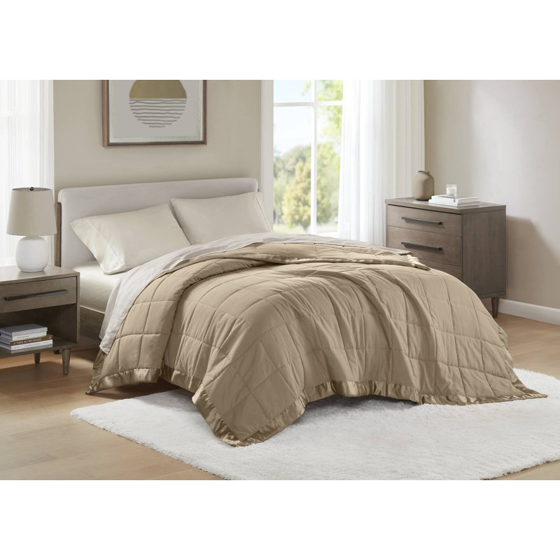 Lightweight Down Alternative Blanket with Satin Trim, Twin, Mocha