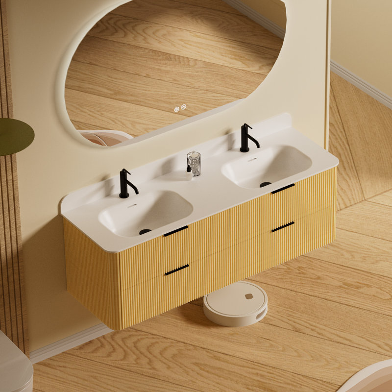 Meuble-lavabo mural de 60 po avec lavabo double, meuble-lavabo flottant en bois massif avec plateau en acrylique et tiroirs