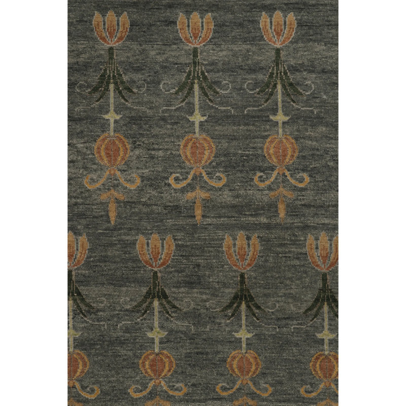 Rug & Kilim’S Block Print Rug, Teal And Gray Tones With Whimsical Floral Pattern, Rectangle 12' x 15'