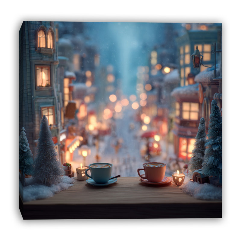 «Snowy Holiday Coffee Moment», art mural sur toile tendue, 12 po x 12 po