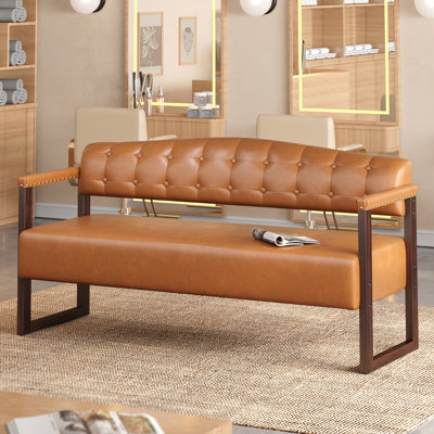 Banc d'attente pour salon de beauté, 147 cm (57,83 po), style moderne du milieu du siècle, avec dossier capitonné et garniture cloutée, revêtement en cuir PU, brun foncé. Parfait pour les salons de beauté, les spas, les bureaux et les salons de coiffure.