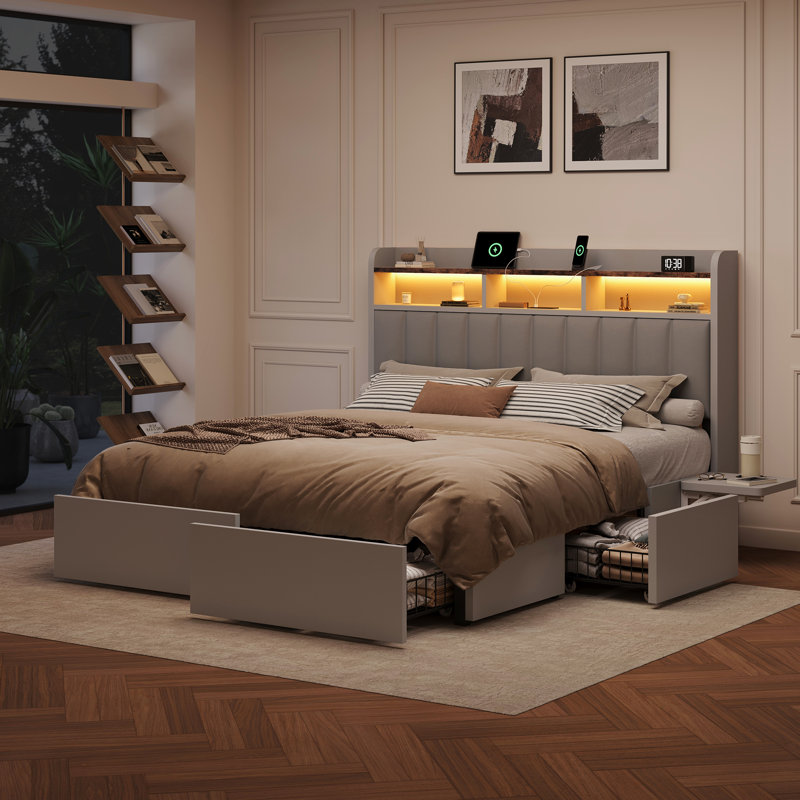 Bed Frame With 4 Drawers For Storage, Bedside Table, Pu Soft Headboard, Built-In Charging Station And Led Lights, Gray, Queen