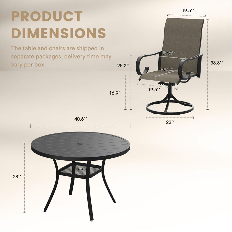 4-Person Outdoor Patio Dining Set With Swivel Chairs, Black, Brown
