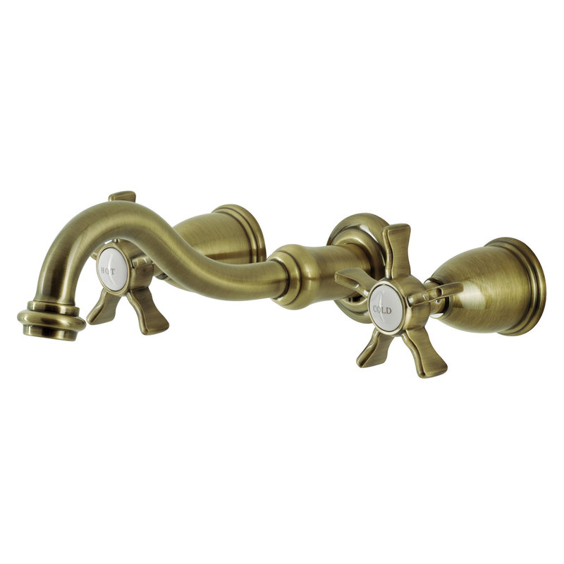 Kingston Brass Belknap Two-Handle 3-Hole Wall Mount Tub Faucet, Antique Brass, Cross