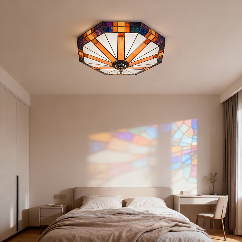 Plafonnier encastré 3 lumières Classic Tiffany - Vitrail et fer forgé