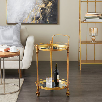 Chariot-bar à roulettes Crockett en métal avec 2 tablettes en miroir et roulettes 19 po x 18 po x 31 po