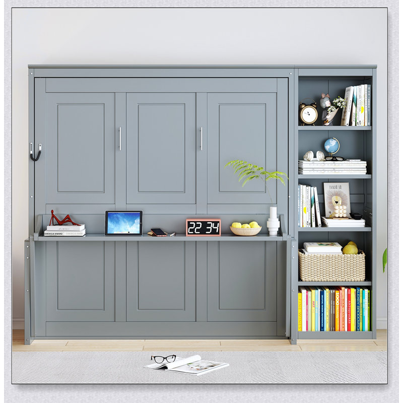 Murphy Bed With Desk And Bookshelf, Grand lit, Gris