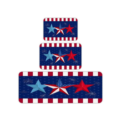 Red White Blue Patriotic Star Kitchen Rug 3 Piece Set for Holiday Kitchen & Entryway