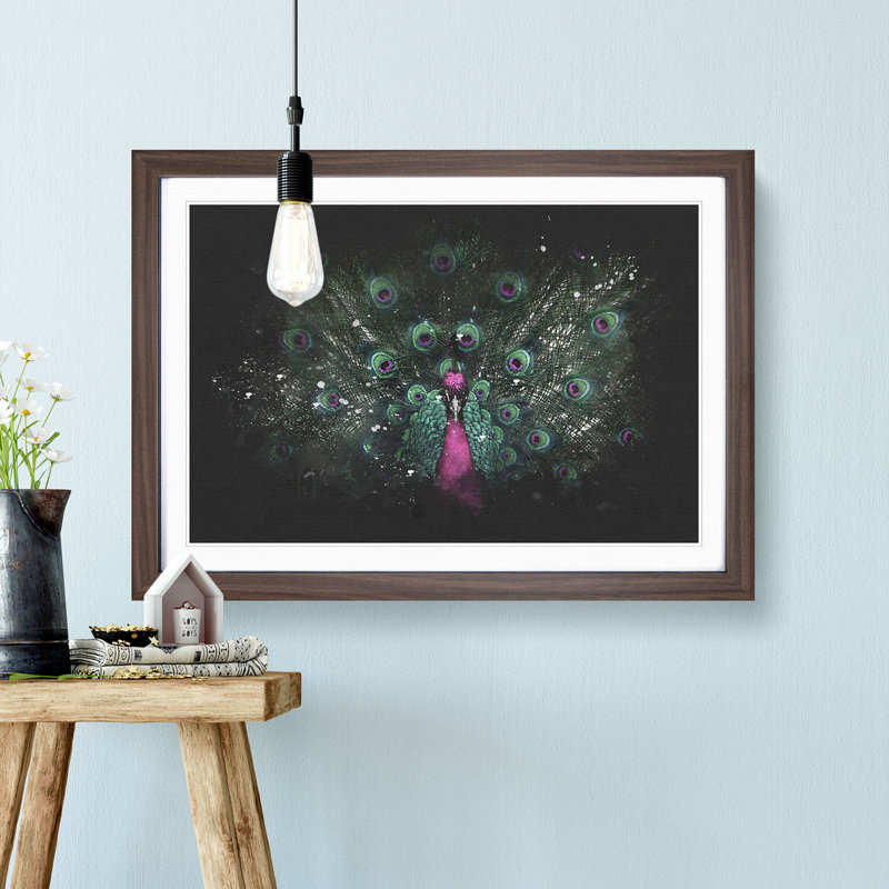 Mesmerising Pink and Green Peacock - Framed Print, 24cm H x 33cm W x 2cm D, Walnut Framed