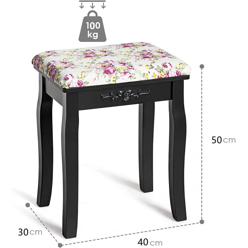 Brough 30cm Wide Rectangle Floral Ottoman, Black
