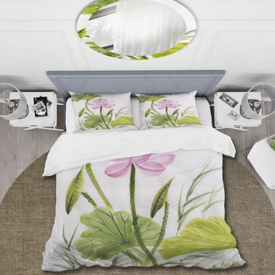 Simple fleur de lotus rétro avec feuilles vertes - ensemble de housse de couette traditionnel - microfibre de polyester