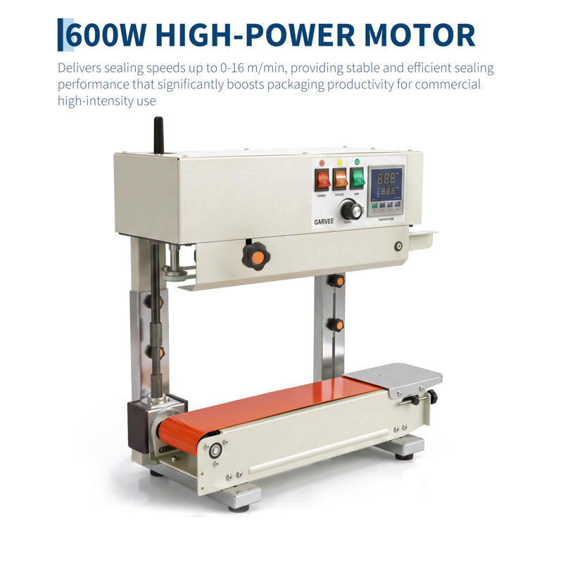 Continuous Bag Band Sealing Machine 600W Digital Temp Vertical Carbon Steel 0.24-0.47 inch Seal Width Digital Temperature Control Auto Feed for 0.02-0.8mm Plastic Bags Upright Stand
