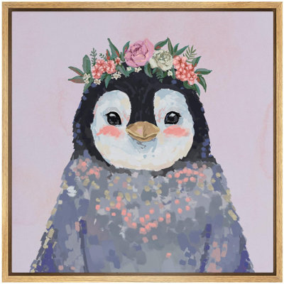 Cute Little Animals " Kids Nursery Baby Penguin With Pink Flowers Animals Wildlife Chic Portrait Colorful "