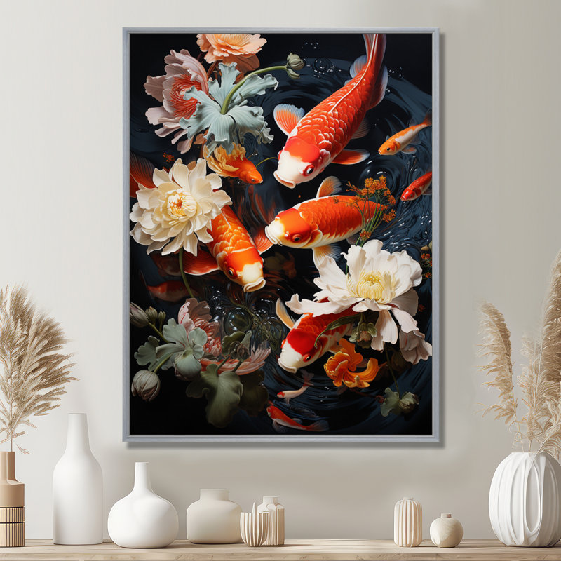 «Asian Art Infinite Koi I», reproduction d'art sur toile, H 32 po x l 16 po x P 1 po, Cadre argenté flottant