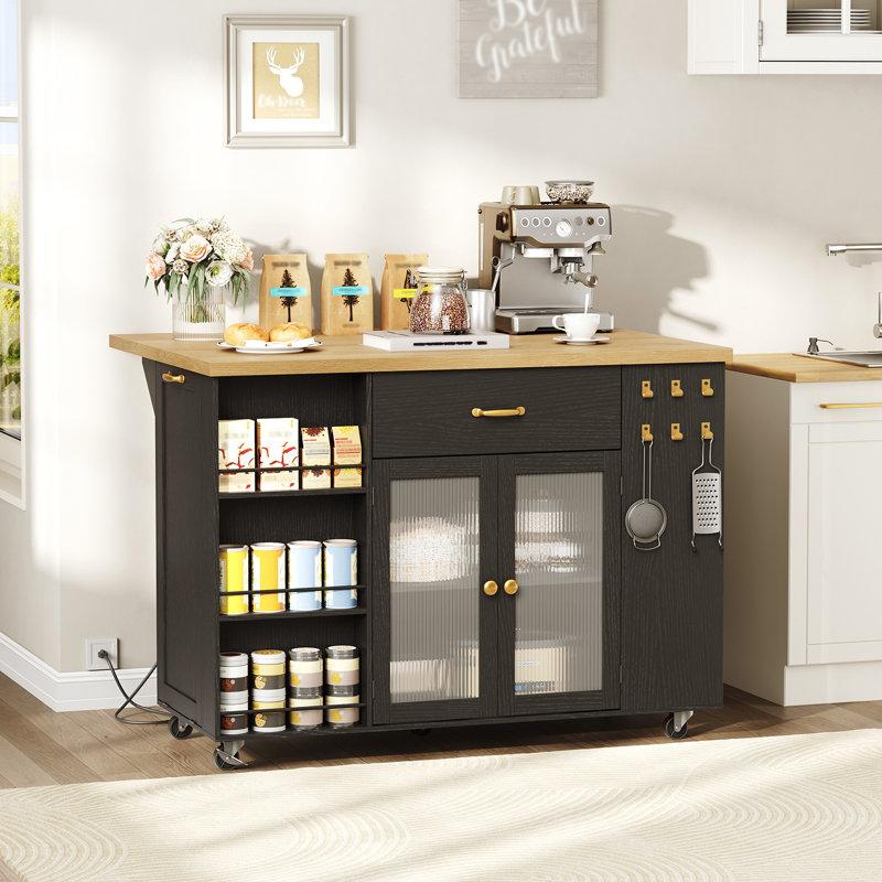Îlot de cuisine avec abattant et station de charge, chariot de cuisine mobile sur roulettes, 2 tiroirs de rangement, armoire à déchets, tablettes ouvertes à 3 niveaux