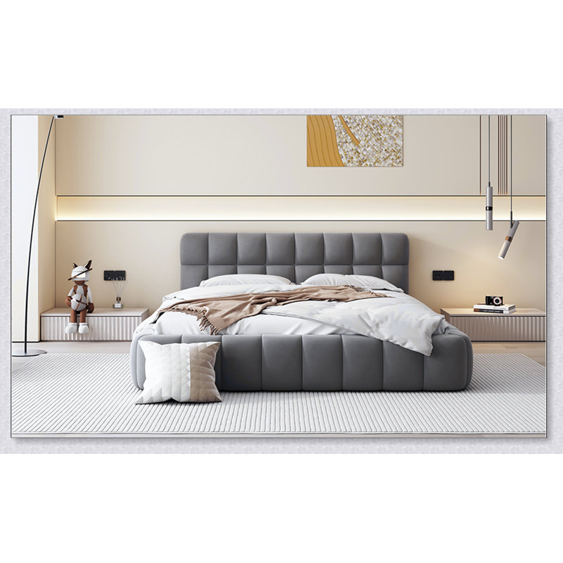 Lit plateforme tapissier avec tissu épais, lit au sol avec structure solide, Gris