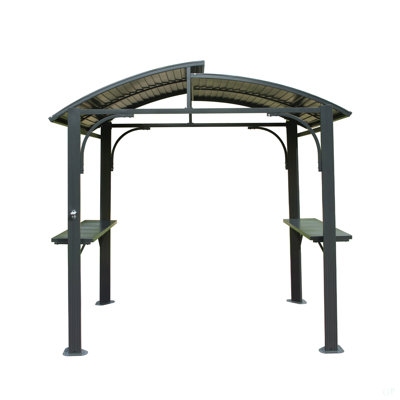 Toit en arc de 8 pi x 5 pi, auvent pour barbecue avec double toit en acier galvanisé et 2 tablettes latérales, tente de barbecue avec abri de jardin pour patio, gris