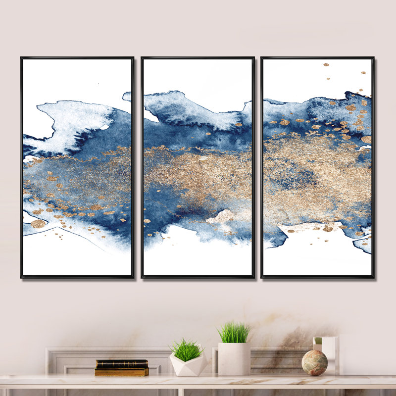«Blue and Gold Marble Clouds II», reproduction de cadre flottant sur toile 3 pièces, Noir, H 28 po x l 36 po