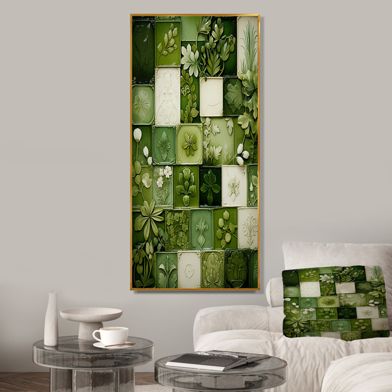 Carreaux floraux verts « Botanicals » II - Décoration murale abstraite en carreaux, Cadre flottant doré, 44" H x 34" W
