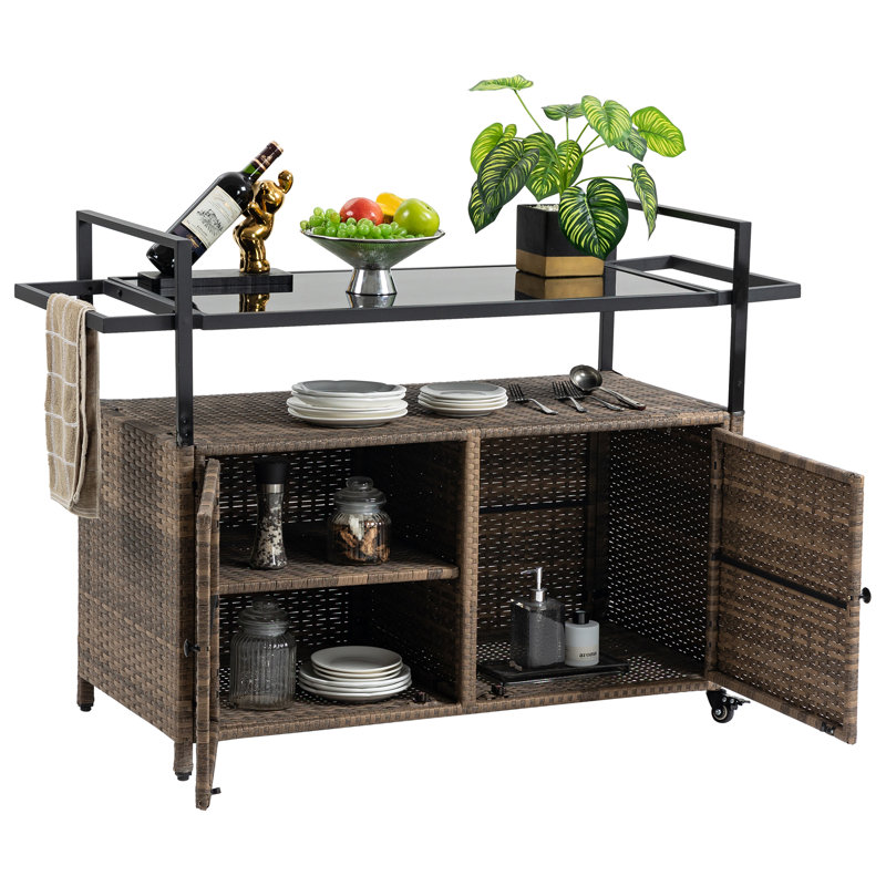 Outdoor Wicker Bar Cart, Patio Wine Serving Cart W/Wheels, Rolling Rattan Beverage Bar Counter Table W/Glass Top For Porch Backyard Garden Poolside Party
