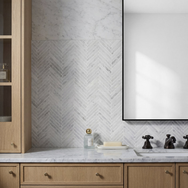 Carrara 1x6 Stacked Honed Marble Mosaic Floor and Wall Tile, 0.47" W x 3.85" L, Honed, Herringbone / Chevron